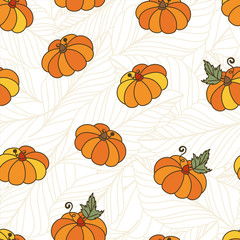 Hand drawn seamless vector pattern with orange pumpkins and autu
