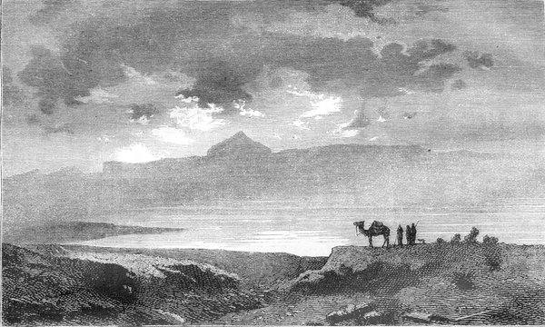 Peak and Lake Tessala, near Oran, vintage engraving.