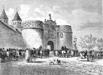 The Gate of Bisagra, Toledo, vintage engraving.