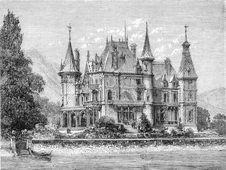 Castle Schadau or Rougemont (Switzerland), vintage engraving.