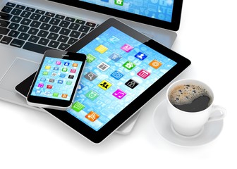 Laptop, phone, tablet pc and coffee.