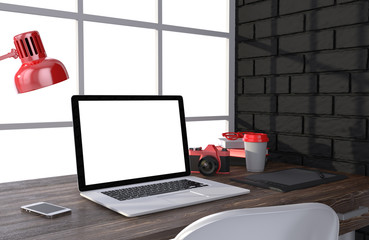 3D illustration laptop and work stuff on table near brick wall