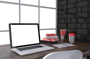 3D illustration laptop and work stuff on table near brick wall