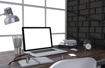 3D illustration laptop and work stuff on table near brick wall