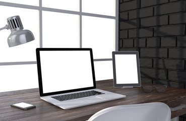 Fototapeta premium 3D illustration laptop and work stuff on table near brick wall
