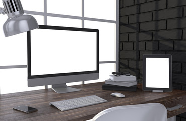 Fototapeta premium 3D illustration PC screen on table in office, Workspace
