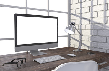 Fototapeta premium 3D illustration PC screen on table in office, Workspace