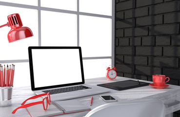 3D illustration laptop and work stuff on table near brick wall