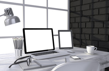 3D illustration laptop and work stuff on table near brick wall