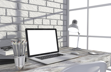 3D illustration laptop and work stuff on table near brick wall