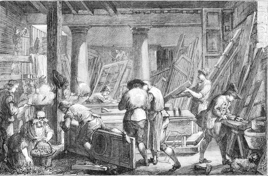 Workshop of Mr Jadot, carpenter, in Paris, vintage engraving.