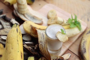 Ripe banana and smoothie banana with milk.