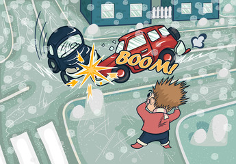 Illustration of a car accident at the crossroads. Crash and frightened man at the crossroads. Illustration of winter crash. Snowfall and sleet.
