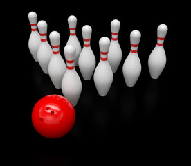 Bowling ball and skittles isolated