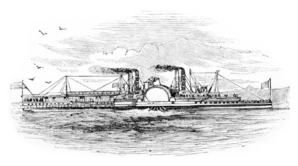 Mississippi Steamboat, vintage engraving. - obrazy, fototapety, plakaty