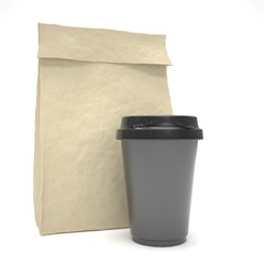 Coffee to go and lunch bag, on white.