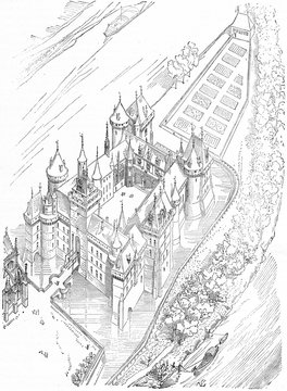 Creil Castle, vintage engraving.