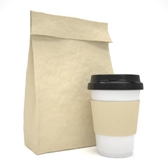 Coffee to go and lunch bag, on white.