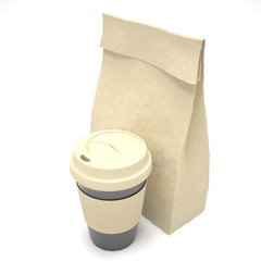 Coffee to go and lunch bag, on white.
