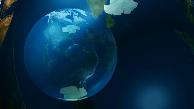 Global 0204: A smaller rotating transparent Earth superimposed over a large one (Loop).