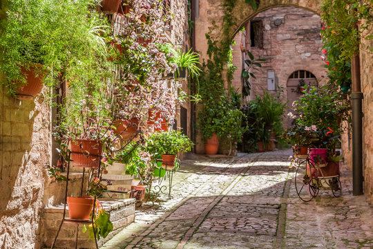 Fototapeta Wonderful decorated porch in small town in Italy in summer, Umbria