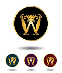 Vector icon logo set 3 in 1 with vintage gothic gold letter "W" on black, green, violet and red background isolated on white with shadow