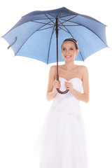 Bride woman in white wedding dress with umbrella.