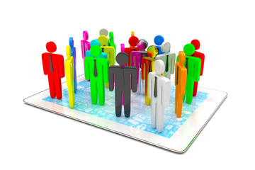 group of people figures on tablet PC, 3d render