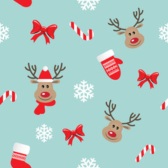 Christmas seamless pattern with deers, mittens, bows and snowflakes.