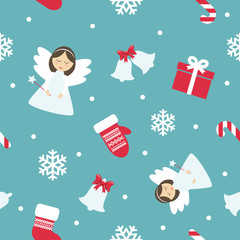 Christmas seamless pattern with cute angels, mittens and snowflakes.