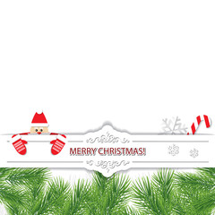 Christmas card with Santa Claus peeking out from behind a paper cut out banner.