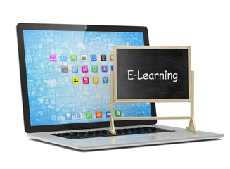  Laptop with chalkboard, e-learning, online education concept
