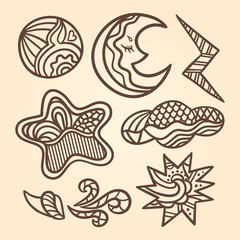 Set of stylized elements of the weather. Set of the sun, the full moon, crescent moon, stars, wind, clouds and lightning. Weather background. Hand drawn ornaments. Outline without color fill. Doodles.