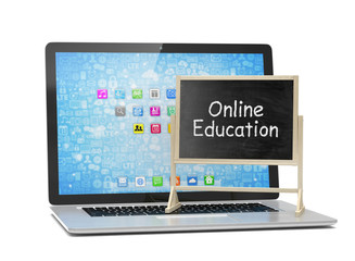  Laptop with chalkboard, online education concept