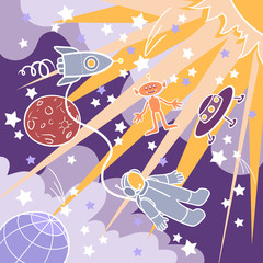 Cute vector illustration outer space. Illustration of space rocket ship and astronaut on dark background of starry sky. Spaceships, astronaut, ufo, stars, moon, sun and earth on space background.