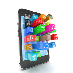 application software icons extruding from smartphone, isolated