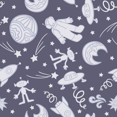 Spaceships, stars, clouds and planets on space background. Space seamless texture. Hand drawn ornaments. Doodles. 