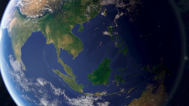 Orbiting over south east Asia. Photorealistic animation, created using extremely highres (50k+ ) textures. The second half of the video contains regional and country border fills and outline.