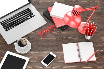 laptop and office stuff, workplace, top view