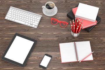 office stuff on table, workplace, top view