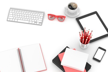 office stuff on table, workplace, top view