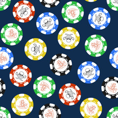 Seamless texture with stylized poker chips. Pirate symbols. 