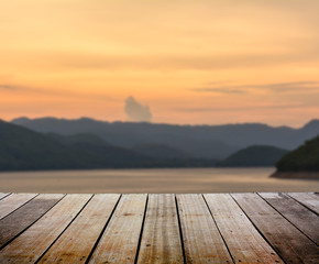 Fototapeta na wymiar Blurred landscape with wood terrace 
