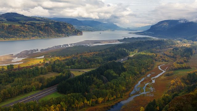 Ultra High Definition 4k Time Lapse Movie of Thick Moving White Clouds over Columbia River Gorge and Highway 84 Freeway Traffic in Early Fall Season Portland Oregon 4096x2304