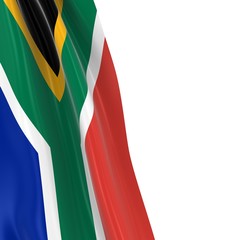 Hanging Flag of South Africa - 3D Render of the South African Flag Draped over white background with copyspace for text