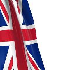 Hanging Flag of the United Kingdom - 3D Render of the Union Jack Flag Draped over white background with copyspace for text