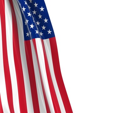 Hanging Flag of the United States of America - 3D Render of the US Flag Draped over white background with copyspace for text