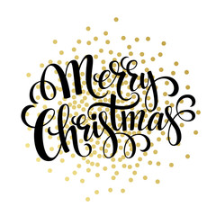 Hand drawn typography card. Merry christmas greetings gold