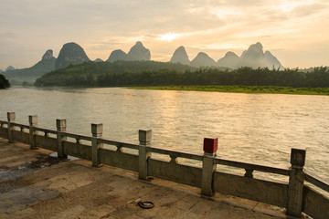 Li river landscape and empty street from yangshuo