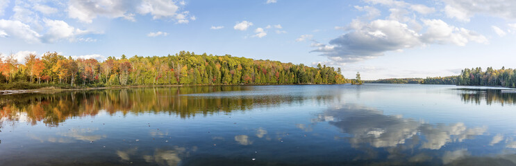 Panorama View of Fall Colors Reflecting on a Lake